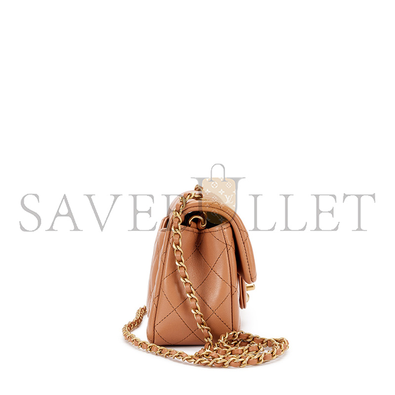 CHANEL MASTER CARAMEL BROWN QUILTED LAMBSKIN MINI PEARL CRUSH FLAP BAG AGED GOLD HARDWARE AS1787 (20*13*7cm)